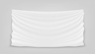 Yaratıcı vektör çizim arka plan üzerinde izole boş beyaz kumaş asılı. Sanat Tasarım afiş kumaş Tekstil gölge ile. Boş bayrak. Soyut kavram grafik öğesi