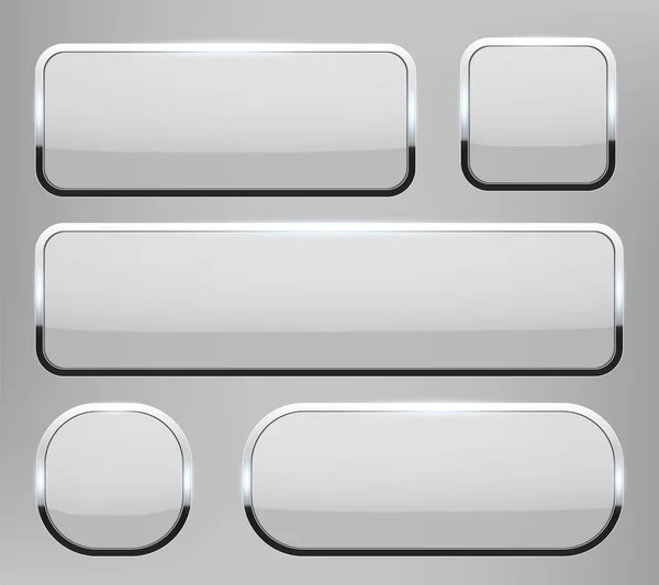 Illustrazione vettoriale creativa di pulsanti in vetro bianco 3d con cornice cromata con ombra che cade isolata su sfondo trasparente. Arte di design. Rettangolo grafico concettuale astratto, elemento icone web ovali — Vettoriale Stock