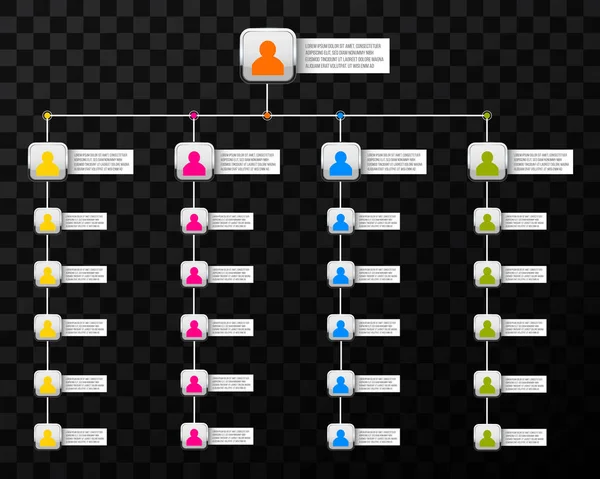 Vector creativo estilo moderno ilustración organigrama corporativo diapositiva de aislado en el fondo. Proceso de diagrama de flujo de trabajo empresarial. Plantilla en blanco de diseño artístico. Elemento icono de estructura infográfica — Archivo Imágenes Vectoriales