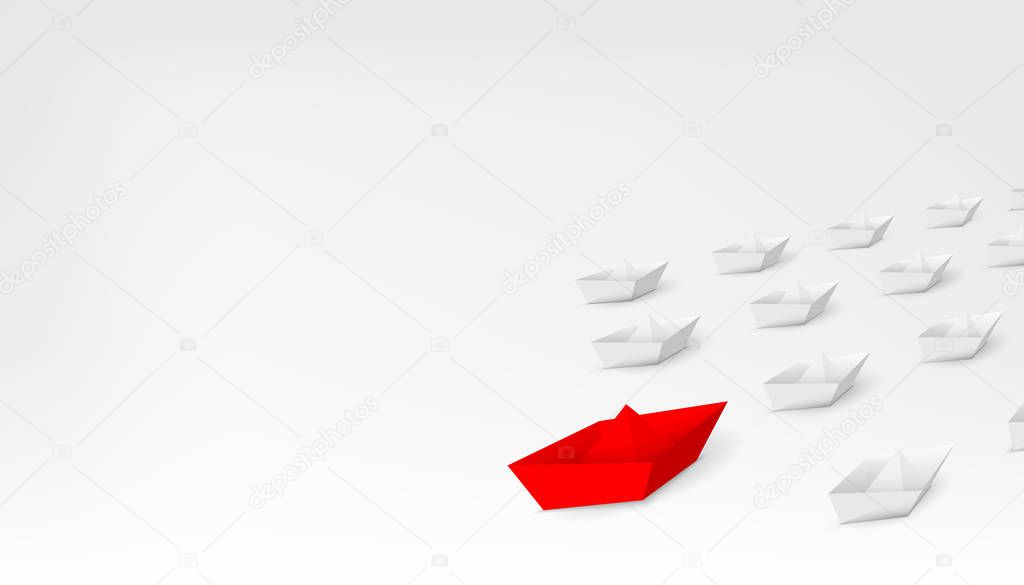 Creative vector illustration of 3d red paper ship leading among white isolated on background. Business leadership different boat art design . Abstract concept graphic element with copy space