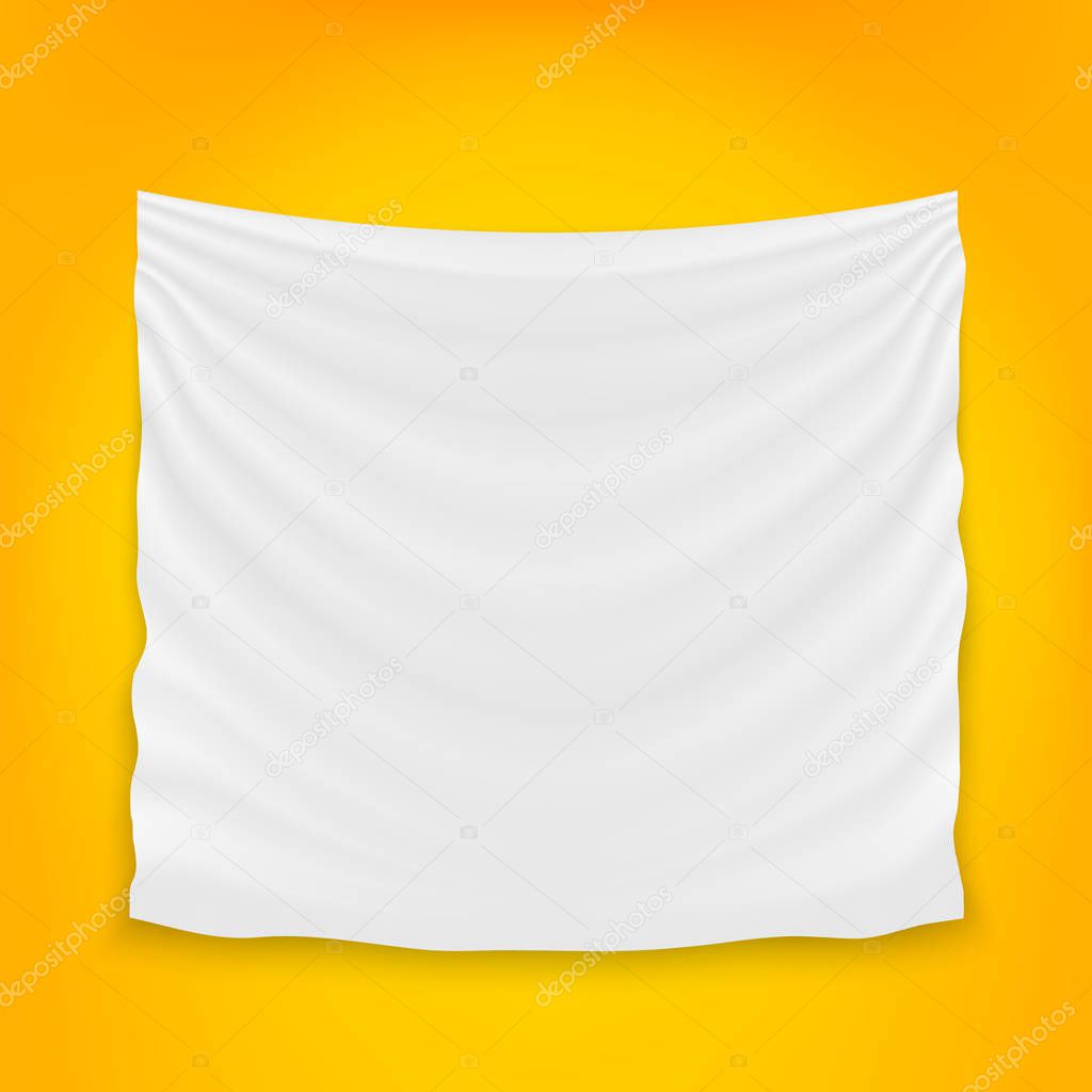Creative vector illustration of hanging empty white cloth isolated on background. Art design banner fabric textile with shadow. Blank flag. Abstract concept graphic element
