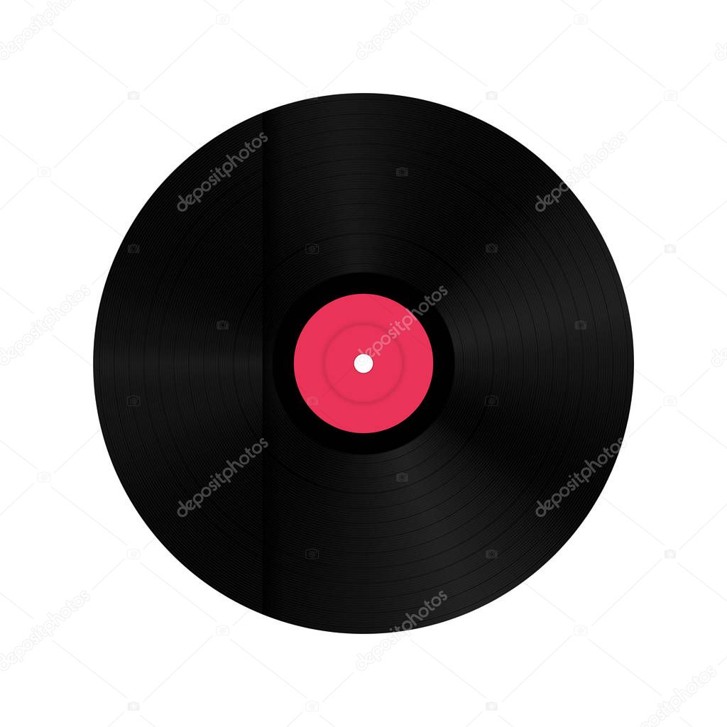 Creative vector illustration of realistic vinyl record disk in paper case box isolated on background. Front view. Art design blank LP music cover mockup template. Concept graphic disco party element