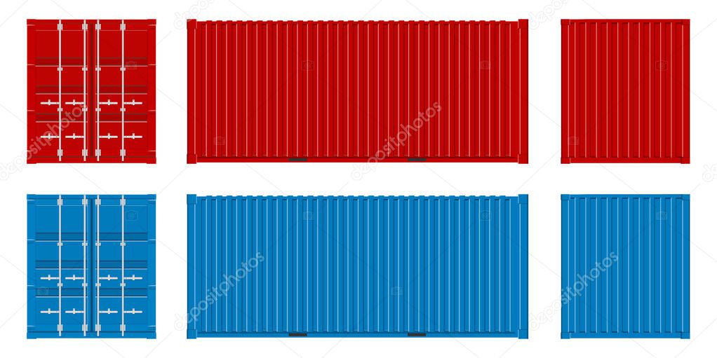 Creative vector illustration of sea freigh cargo containers views from different sides collection isolated on background. Art design realistic set. Shipping, transportation element for logistics