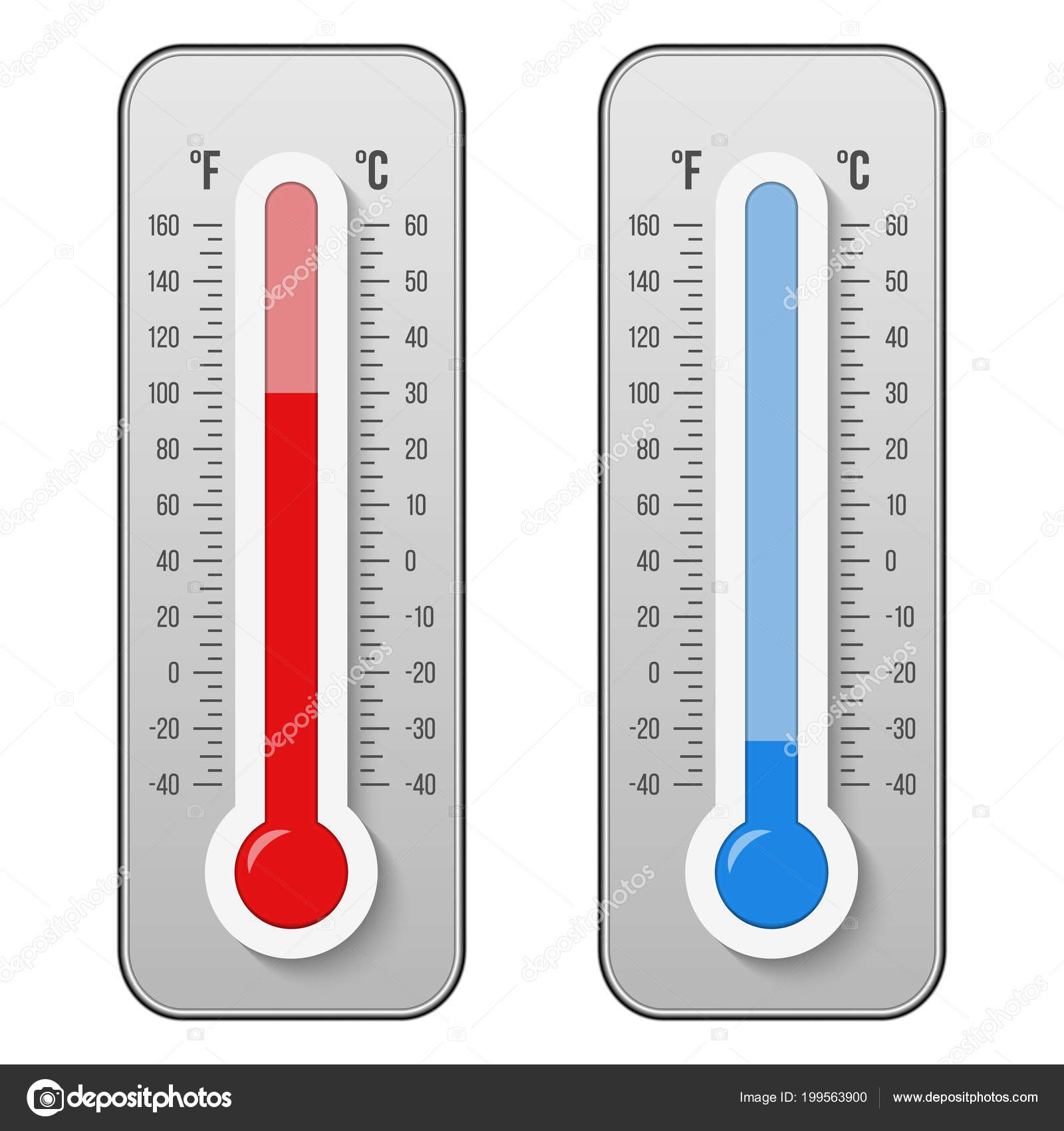 Meteorological thermometer. Temperature scale for Celsius and Fahrenheit.  The warm and cold weather is shown by the sun and the snowflake. Vector  illustration. Stock Vector