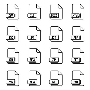 Dosya türü simgesi yaratıcı vektör çizim üzerinde izole arka plan ayarlayın. Sanat Tasarım düz etikel. Belge biçimleri. Soyut kavram grafik piktogram öğesi web, multimedya, bilgisayar teknolojisi için.