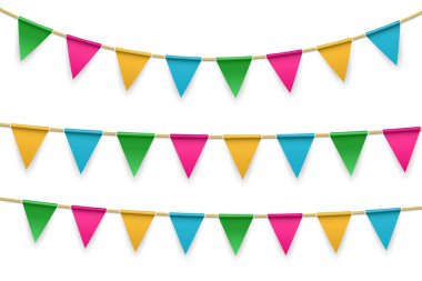 Yaratıcı vektör çizim gerçekçi bayrak, şeffaf arka plan üzerinde izole gölge ile kirazkuşları garland. Sanat tasarım kutlamak parti davet şablonu. Soyut kavram grafik öğesi.