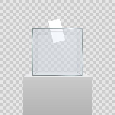 Creative vector illustration of realistic empty transparent ballot box with voting paper in hole isolated on background. Art design glass case is on museum pedestal, stage, 3d podium. Concept graphic. clipart