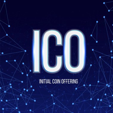 Yaratıcı vektör çizim ICO ilk madalyonun afiş arka plan sunuyor. Blockchain iş olay cryptocurrency bitcoin Satılık. Kavramı bu başlangıç crowdfunding. Sanal dijital elektronik para.