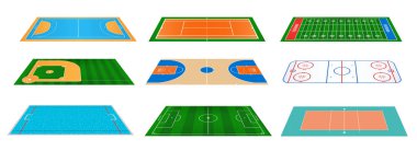 Arka plan üzerinde izole yaratıcı vektör Illustration spor oyun alanları işaretleme. Hentbol, tenis, Amerikan Futbolu, futbol, beyzbol, basketbol, hokey, su topu, voleybol için grafik öğesi.