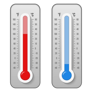 Celsius ve fahrenheit meteoroloji termometre ölçek üzerinde arka izole yaratıcı vektör Illustration. Isı, sıcak, soğuk işaretler. Sanat Tasarım ekipmanları. Hava sıcaklığı. Soyut kavram grafiği.