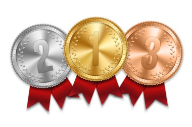 Yaratıcı vektör çizim gerçekçi altın, gümüş ve bronz madalya üzerinde set renkli şerit üzerinde şeffaf arka plan izole. Sanat Tasarım yerleşim spor yarışması Yarışması'nda. Grafik öğesi.