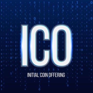 Yaratıcı vektör çizim ICO ilk madalyonun afiş arka plan sunuyor. Blockchain iş olay cryptocurrency bitcoin Satılık. Kavramı bu başlangıç crowdfunding. Sanal dijital elektronik para.