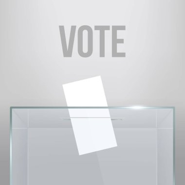 Creative vector illustration of realistic empty transparent ballot box with voting paper in hole isolated on background. Art design glass case is on museum pedestal, stage, 3d podium. Concept graphic. clipart