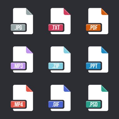 Dosya türü simgesi yaratıcı vektör çizim üzerinde izole arka plan ayarlayın. Sanat Tasarım düz etikel. Belge biçimleri. Soyut kavram grafik piktogram öğesi web, multimedya, bilgisayar teknolojisi için.