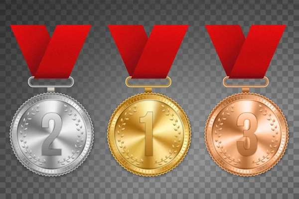 Illustration Vectorielle Créative Médailles Argent Bronze Réalistes Sur Ruban Coloré — Image vectorielle