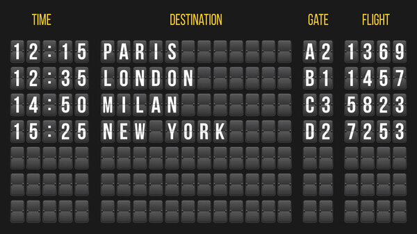 Creative vector illustration of realistic flip scoreboard, arrival airport board with alphabet, numbers isolated on transparent background. Art design. Analog timetable font. Concept graphic element.