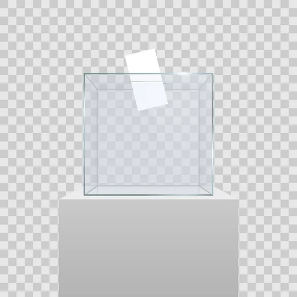 逼真的空透明投票箱的创意向量插图 在背景上孤立有选票的孔 艺术设计玻璃外壳在博物馆基座 讲台上 概念图 — 图库矢量图片