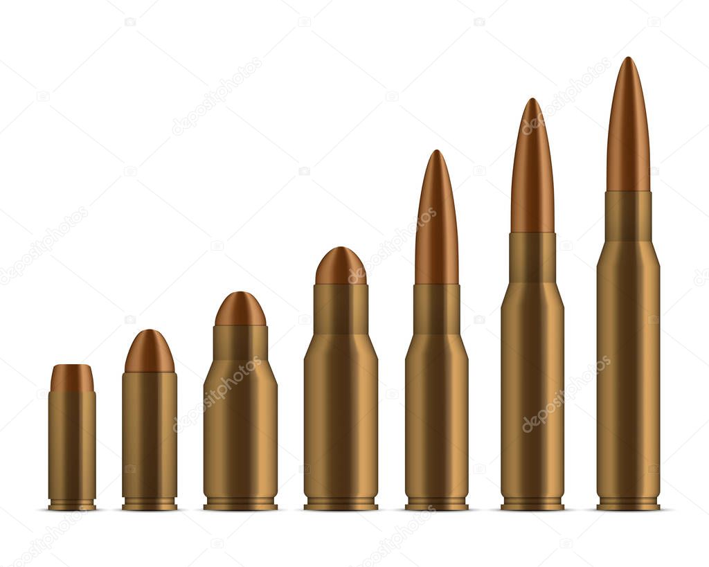 Creative vector illustration of realistic shot gun bullets, holes isolated on transparent background. Art design different gunshot and caliber of weapon. Abstract concept graphic gun ammo element.