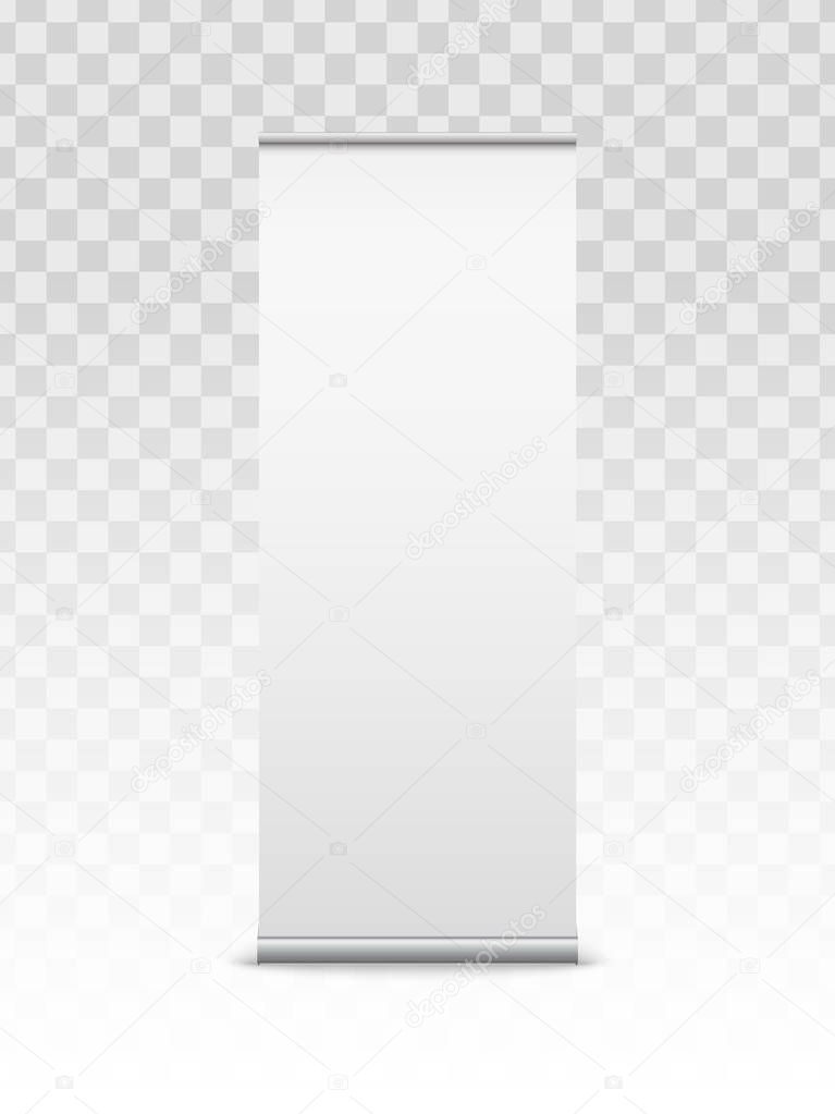 Creative vector illustration of empty roll up banners with paper canvas texture isolated on transparent background. Art design blank template mockup. Concept graphic promotional presentation element.