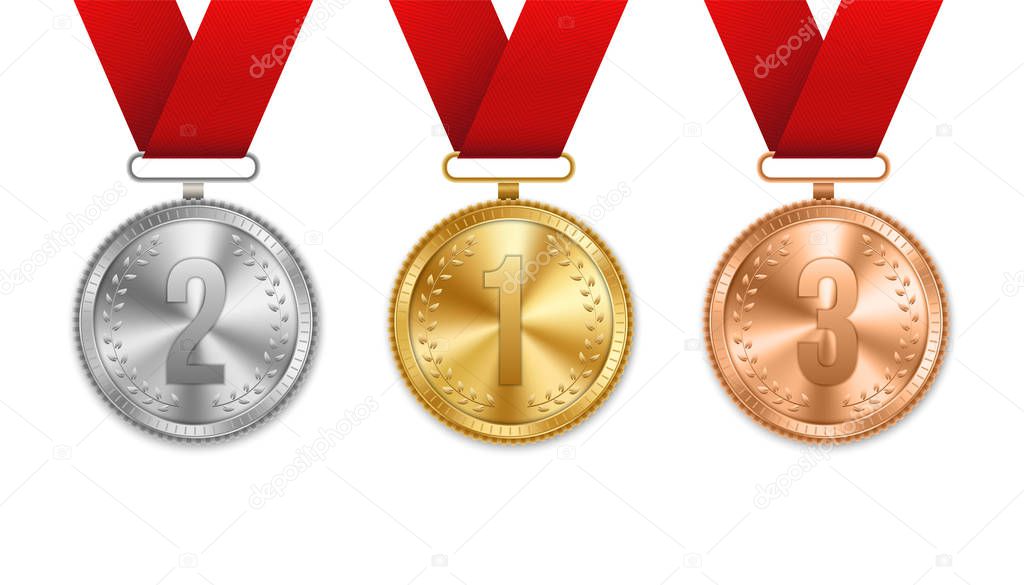Creative vector illustration of realistic gold, silver and bronze medal set on colorful ribbon isolated on transparent background. Art design placement in sport competition contest. Graphic element.