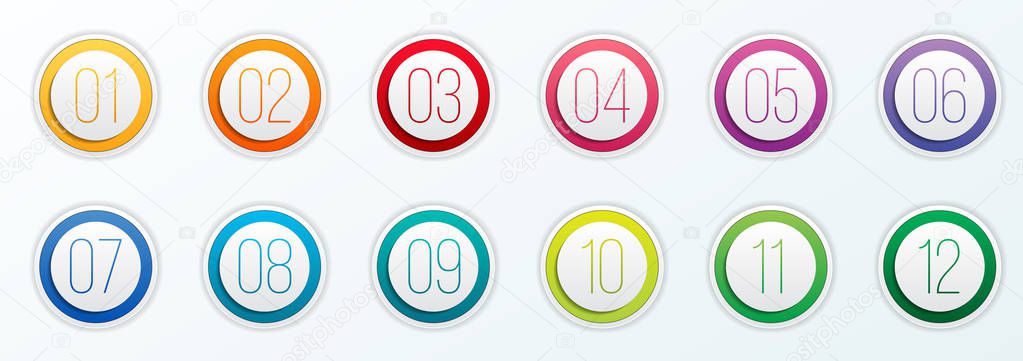 Creative vector illustration of number bullet points set 1 to 12 isolated on transparent background. Art design. Flat color gradient web icons template. Abstract concept graphic element