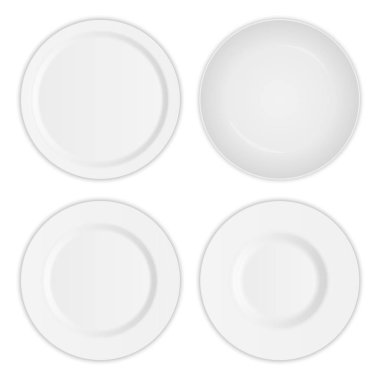 Yaratıcı vektör çizim set 3d beyaz yuvarlak şeffaf arka plan üzerinde izole gerçekçi tabak çanak. Sanat tasarım Porselen çorba boş kap, kase. Soyut kavram grafik dishware öğesi