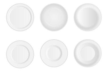 Yaratıcı vektör çizim set 3d beyaz yuvarlak şeffaf arka plan üzerinde izole gerçekçi tabak çanak. Sanat tasarım Porselen çorba boş kap, kase. Soyut kavram grafik dishware öğesi