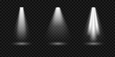 Parlak aydınlatma projektör yaratıcı vektör çizim seti, ışık kaynakları üzerinde şeffaf arka plan izole. Sanat Tasarım kiriş konser, sahne aydınlatma için. Soyut kavram grafik öğesi