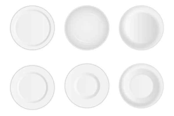 Conjunto de ilustración vectorial creativa de plato de placa realista redondo blanco 3D aislado sobre fondo transparente. Diseño de arte sopa de porcelana utensilio vacío, cuenco. Concepto abstracto elemento de vajilla gráfica — Vector de stock
