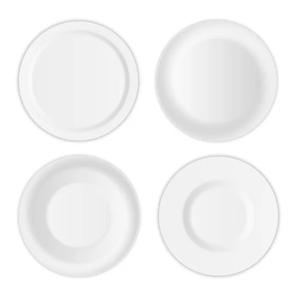 Conjunto de ilustración vectorial creativa de plato de placa realista redondo blanco 3D aislado sobre fondo transparente. Diseño de arte sopa de porcelana utensilio vacío, cuenco. Concepto abstracto elemento de vajilla gráfica — Vector de stock