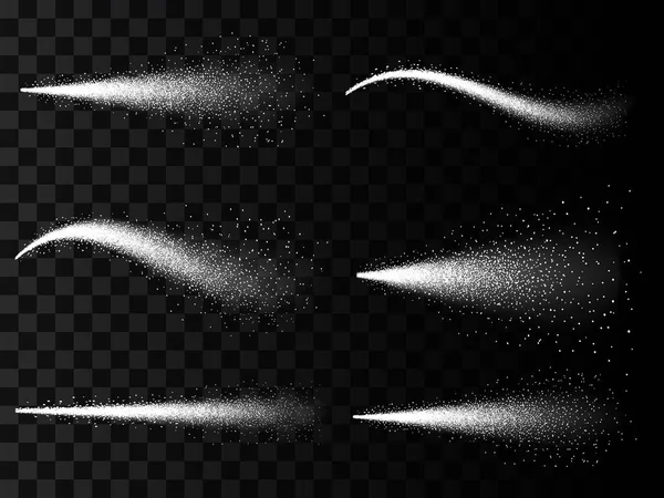 Ilustración vectorial creativa de niebla de pulverización de agua aislada sobre fondo transparente. Arte diseño 3d nube de atomizador. Disparador efecto pulverizador con boquillas de corriente. Concepto abstracto elemento gráfico — Vector de stock