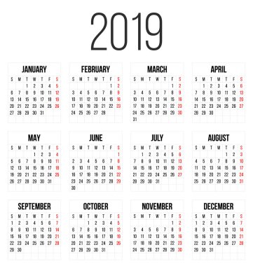 2019 yılı renkli takvimi üzerinde şeffaf arka plan izole yaratıcı vektör Illustration. Sanat tasarım boş mockup şablon etkinlik planlayıcısı. Haftası Pazar günü başlar. Soyut kavram grafik öğesi