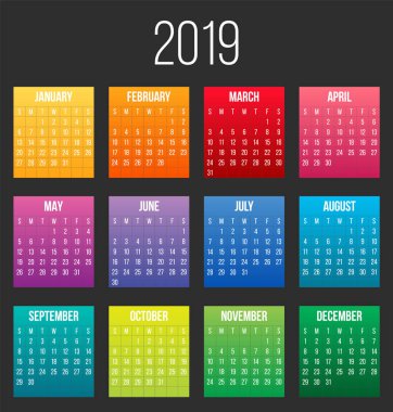 2019 yılı renkli takvimi üzerinde şeffaf arka plan izole yaratıcı vektör Illustration. Sanat tasarım boş mockup şablon etkinlik planlayıcısı. Haftası Pazar günü başlar. Soyut kavram grafik öğesi