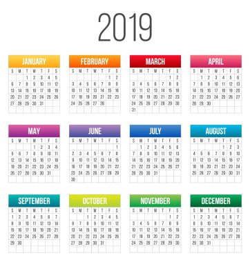 2019 yılı renkli takvimi üzerinde şeffaf arka plan izole yaratıcı vektör Illustration. Sanat tasarım boş mockup şablon etkinlik planlayıcısı. Haftası Pazar günü başlar. Soyut kavram grafik öğesi