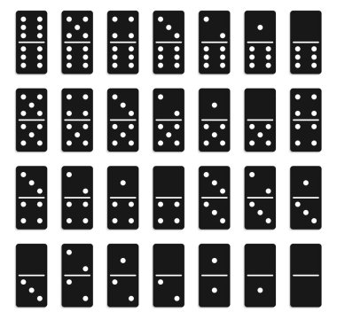 Yaratıcı vektör çizim gerçekçi domino tam set üzerinde şeffaf arka plan izole. Domino kemikleri sanat tasarım. Oyun grafik öğesi için 28 adet kavramı soyut