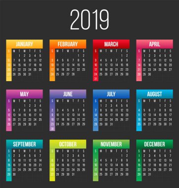 2019 yılı renkli takvimi üzerinde şeffaf arka plan izole yaratıcı vektör Illustration. Sanat tasarım boş mockup şablon etkinlik planlayıcısı. Haftası Pazar günü başlar. Soyut kavram grafik öğesi