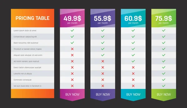 Ilustração vetorial criativa de planos de negócios tabela de preços de comparação web isolado em fundo transparente. Art design moderno banner list. Abstract website gráfico conceito, elemento de aplicações — Vetor de Stock