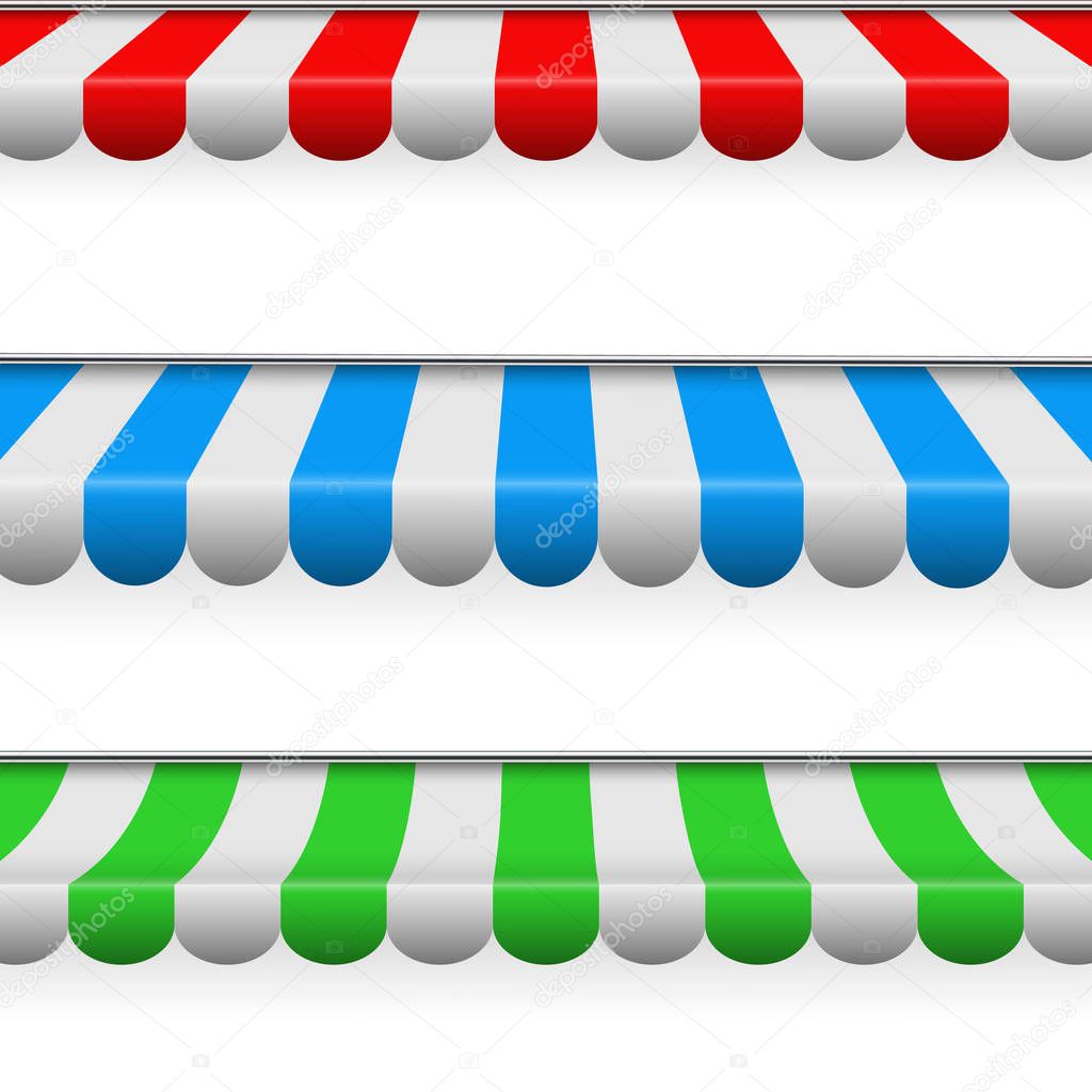 Creative vector illustration of colored striped awnings set for shop, restaurants and market store in different forms isolated on transparent background. Art design. Abstract concept graphic element