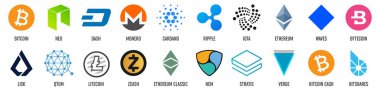 Popüler Kripto Döviz Alım blockchain logo para yaratıcı vektör çizim üzerinde izole şeffaf arka plan ayarlayın. Sanat Tasarım cryptocurrency simge, sembol. Soyut kavram grafik bitcoin öğe.