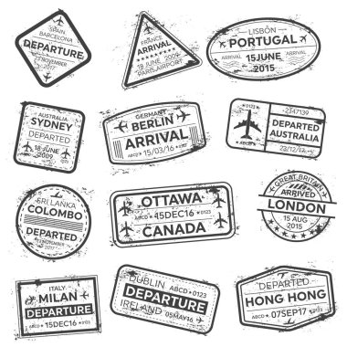 Uluslararası iş seyahat vize pasaport pul seti üzerinde şeffaf arka plan izole yaratıcı vektör Illustration. Sanat Tasarım çeşitli kauçuk şehir varış işareti. Soyut kavram grafik öğesi.