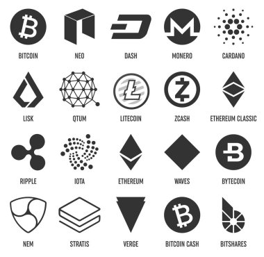Popüler Kripto Döviz Alım blockchain logo para yaratıcı vektör çizim üzerinde izole şeffaf arka plan ayarlayın. Sanat Tasarım cryptocurrency simge, sembol. Soyut kavram grafik bitcoin öğe.