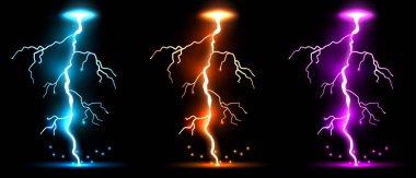 Gerçekçi Lightning'ler yaratıcı vektör çizim üzerinde izole şeffaf arka plan ayarlayın. Sanat Tasarım thunder cıvata, fırtına, ışıltı sihir etkisi. Soyut kavram grafik elektrik enerji öğesi.