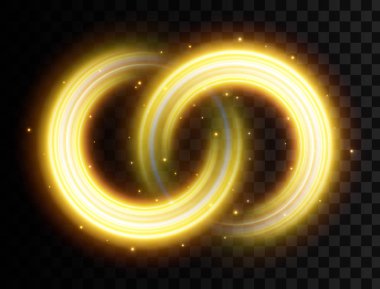 Dalgalı çizgiler, Parlatıcı eğrisi sparkles şeffaf arka plan üzerinde izole parlayan altın ışık efekti yaratıcı vektör Illustration. Sanat Tasarım sihirli parıltı parçacıklar. Soyut kavram grafik öğesi.