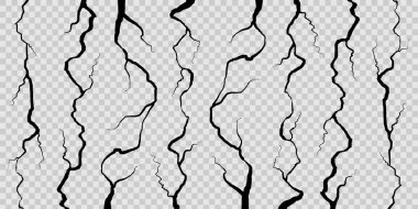 Creative vector illustration of realistic wall cracks set isolated on transparent background. Art design fracture rift on surface ground. Abstract concept graphic cleft broken collapse element. clipart