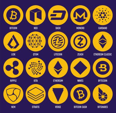 Popüler Kripto Döviz Alım blockchain logo para yaratıcı vektör çizim üzerinde izole şeffaf arka plan ayarlayın. Sanat Tasarım cryptocurrency simge, sembol. Soyut kavram grafik bitcoin öğe.
