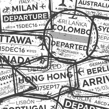 Uluslararası iş seyahat vize pasaport pul seti üzerinde şeffaf arka plan izole yaratıcı vektör Illustration. Sanat Tasarım çeşitli kauçuk şehir varış işareti. Soyut kavram grafik öğesi.