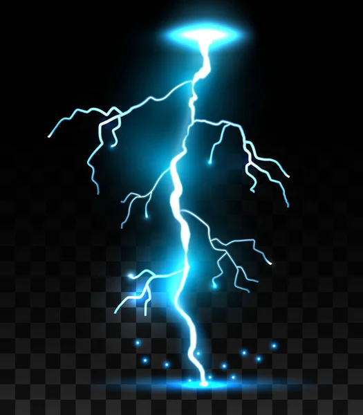 Creatieve vectorillustratie van realistische bliksemschichten geïsoleerd op transparante achtergrond instellen. Art design thunder bout, storm, sparkle magische effect. Abstract begrip grafische elektrische energie element. — Stockvector