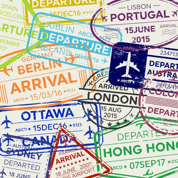 创意向量插图国际商务旅行签证护照邮票设置隔离在透明的背景。艺术设计品种橡胶城抵达标志。抽象概念图形元素. — 图库矢量图片
