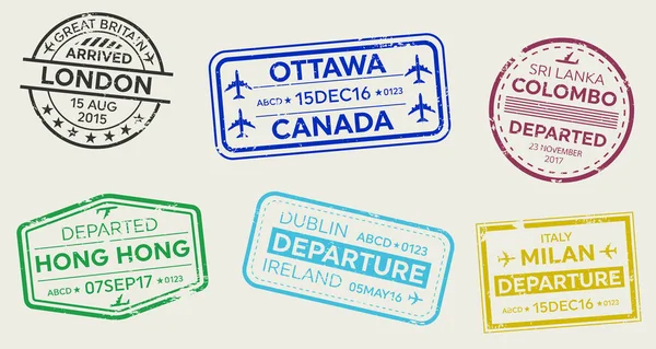 Kreatív vektoros illusztráció nemzetközi üzleti utazás vízum útlevél bélyeg meg elszigetelt átlátszó háttér. Art design különböző gumi város érkezés jele. Elvont fogalom grafikai elem. — Stock Vector