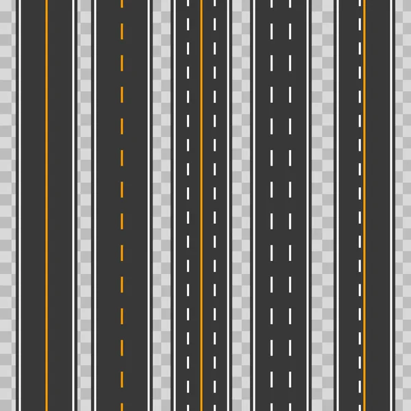 Kreativa vektorillustration av horisontella rakt sömlös vägar isolerad på transparent bakgrund. Konst design modern asfalt repetitiva motorvägar. Väg asfalt highway gatan sömlös element. — Stock vektor